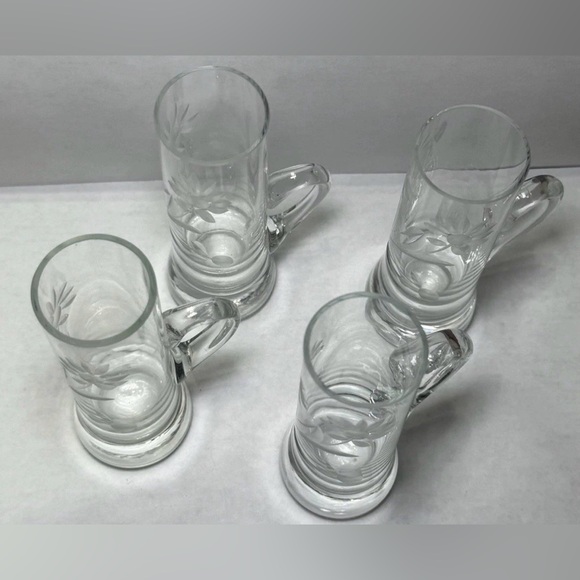 Vintage Etched Floral Hand Blown Shot Cordial Glasses Handles Set of 4, 4" Tall - Picture 9 of 9
